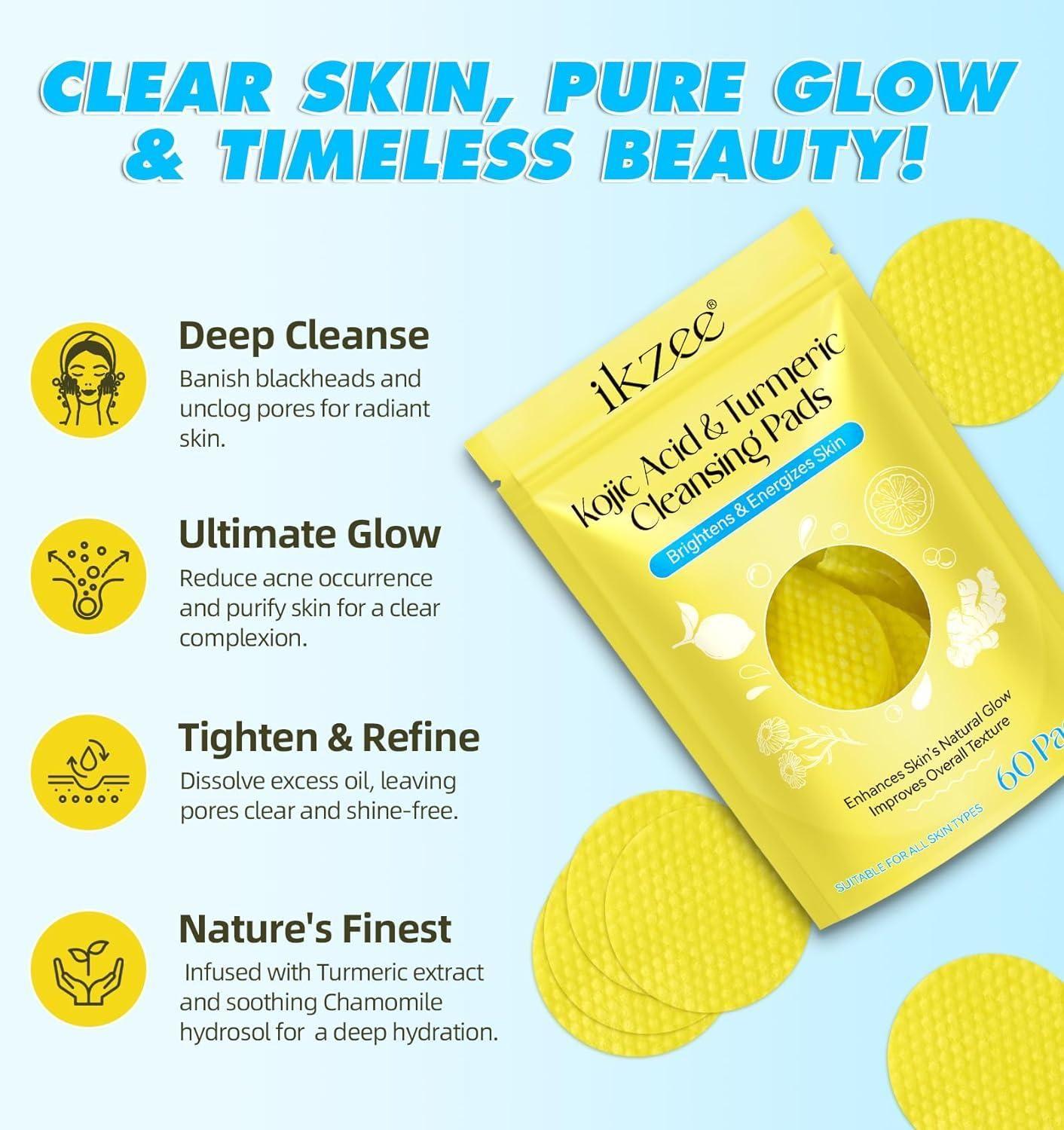 Turmeric & Kojic Acid Face Cleansing Pads | Brightening & Dark Spot Reduction | Vitamin C & Retinol-Infused Makeup Remover for Women & Men