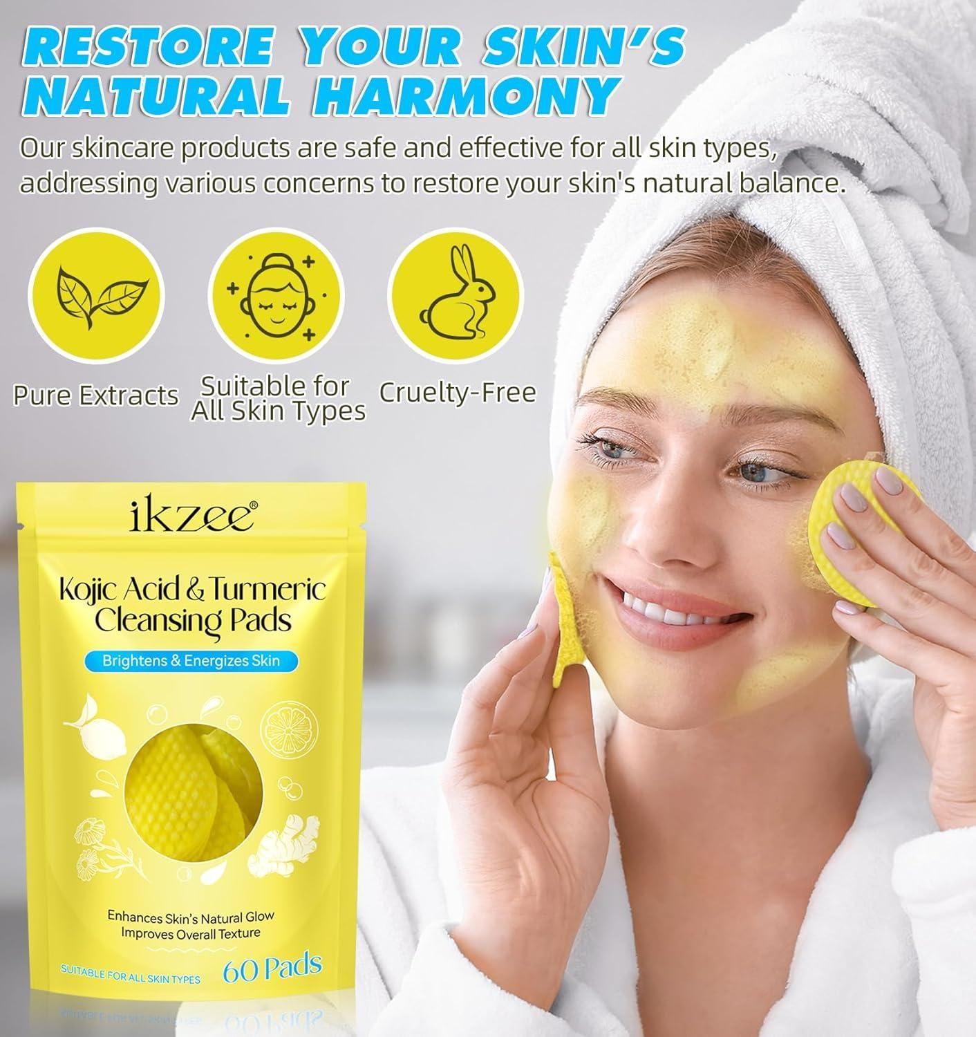 Turmeric & Kojic Acid Face Cleansing Pads | Brightening & Dark Spot Reduction | Vitamin C & Retinol-Infused Makeup Remover for Women & Men